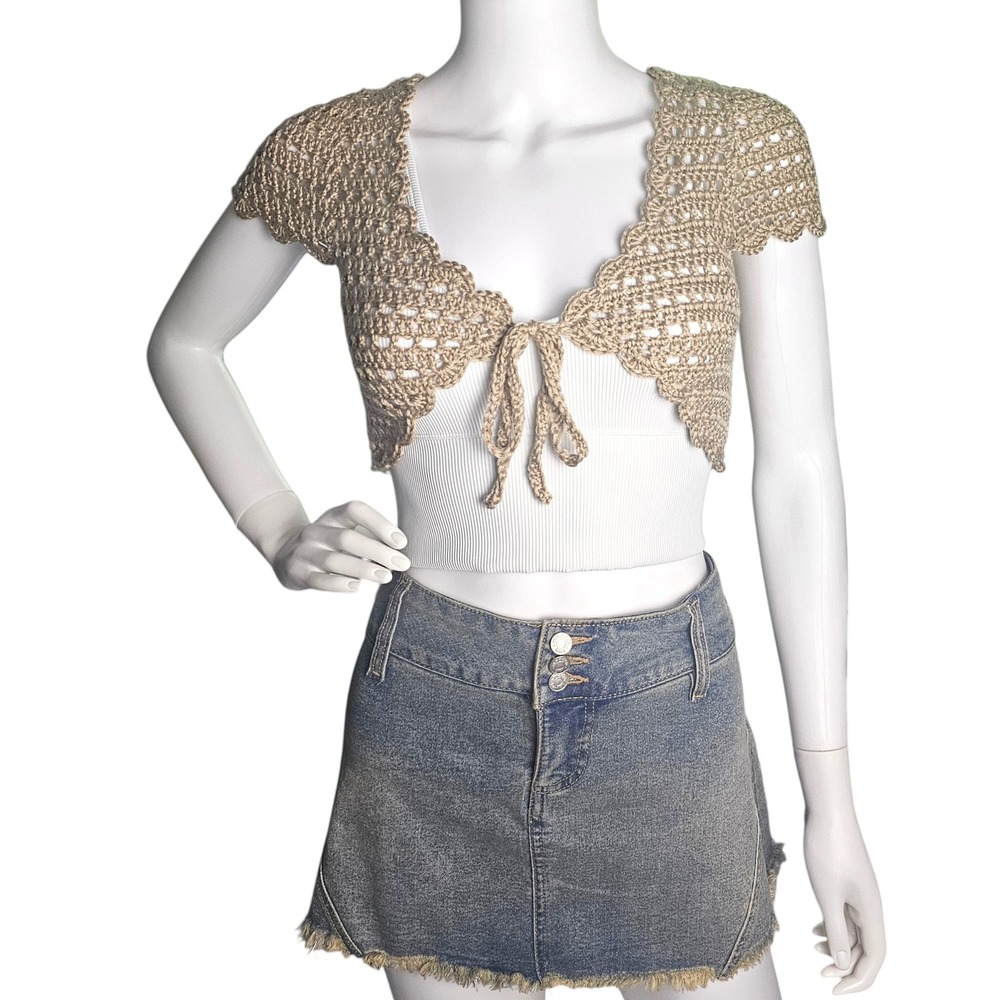 Handmade Crochet Cropped Cardigan, Small Tan Front Tie Summer‎ Cardigan